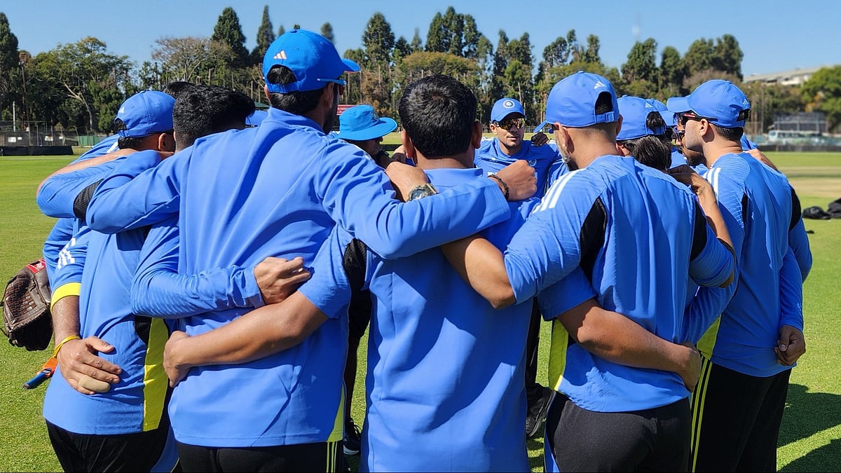 Indian cricket team in a huddle during the practice session ahead of the 1st T20I against Zimbabwe. - Photo: X/ @BCCI